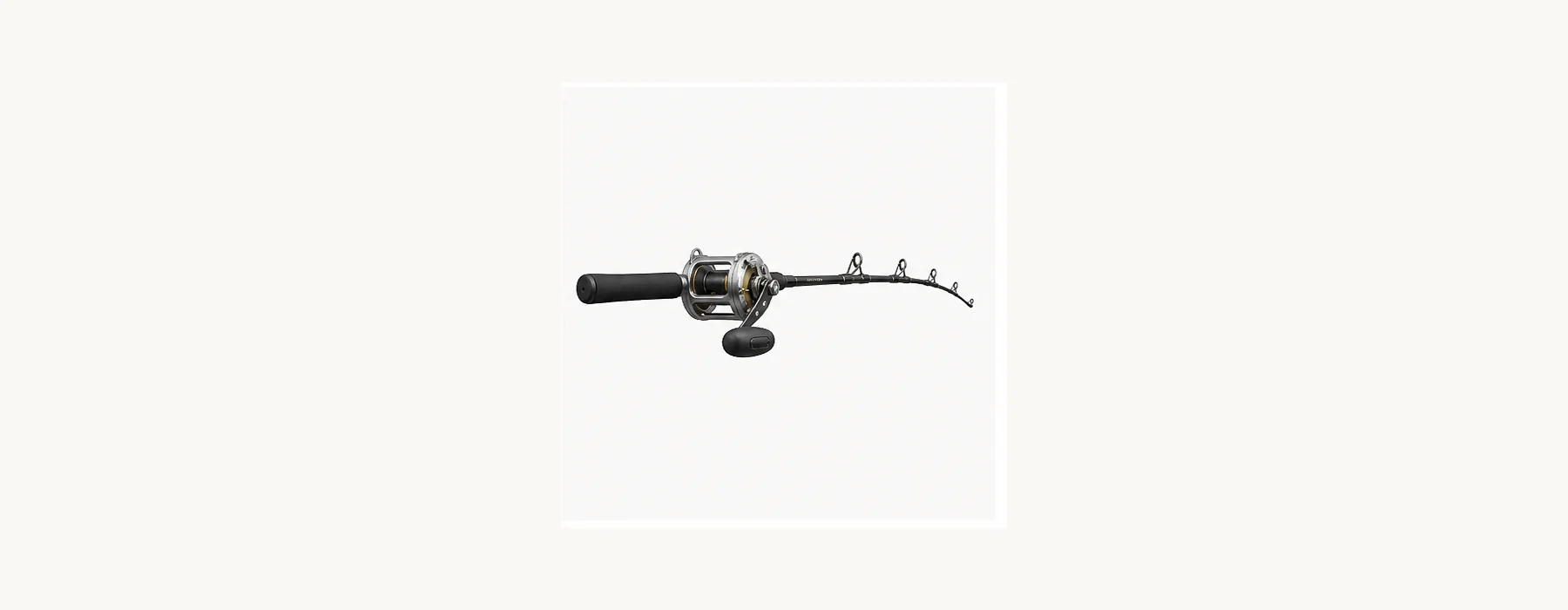 Generic short extra-heavy stand-up offshore rod with a conventional reel attached.
