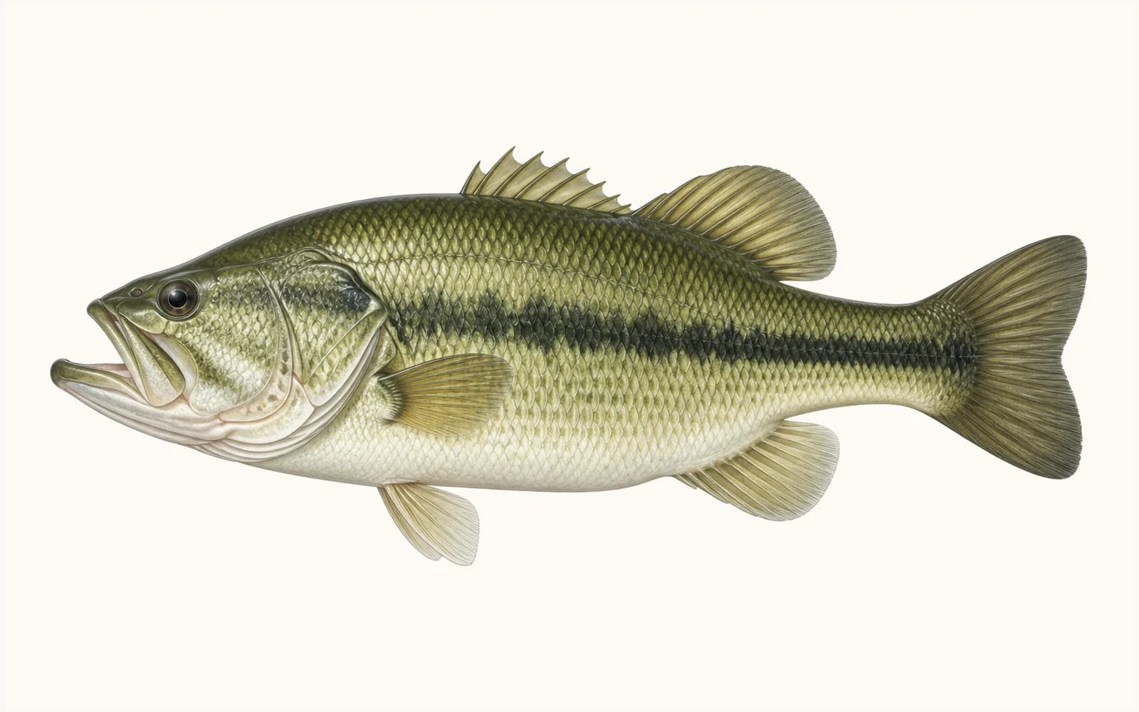 Largemouth bass in side profile with a green back, pale belly, and dark lateral stripe.