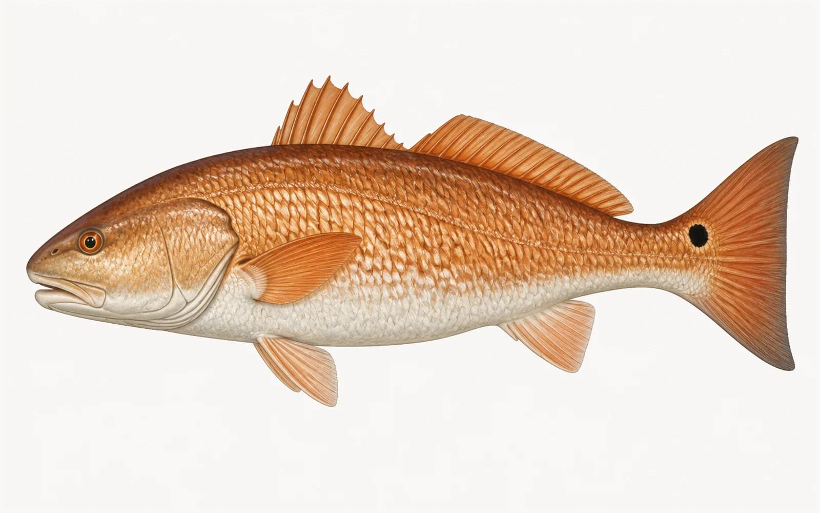 Redfish in side profile with a copper body, pale belly, and black spot near the tail.