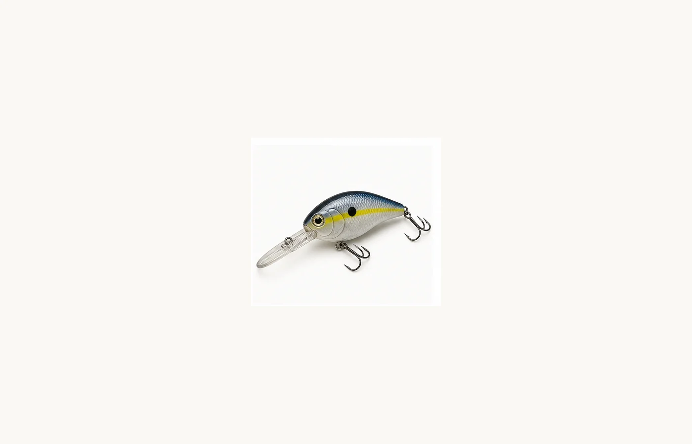 Medium-diving crankbait with a long clear diving lip and two treble hooks.