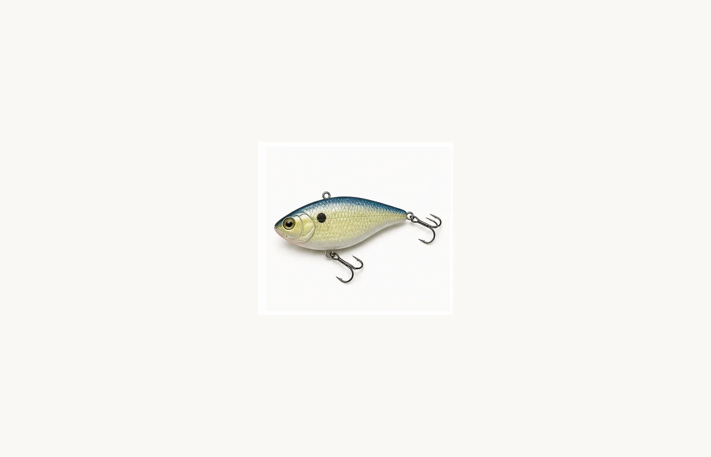 Flat-sided lipless crankbait with a baitfish finish and two treble hooks.