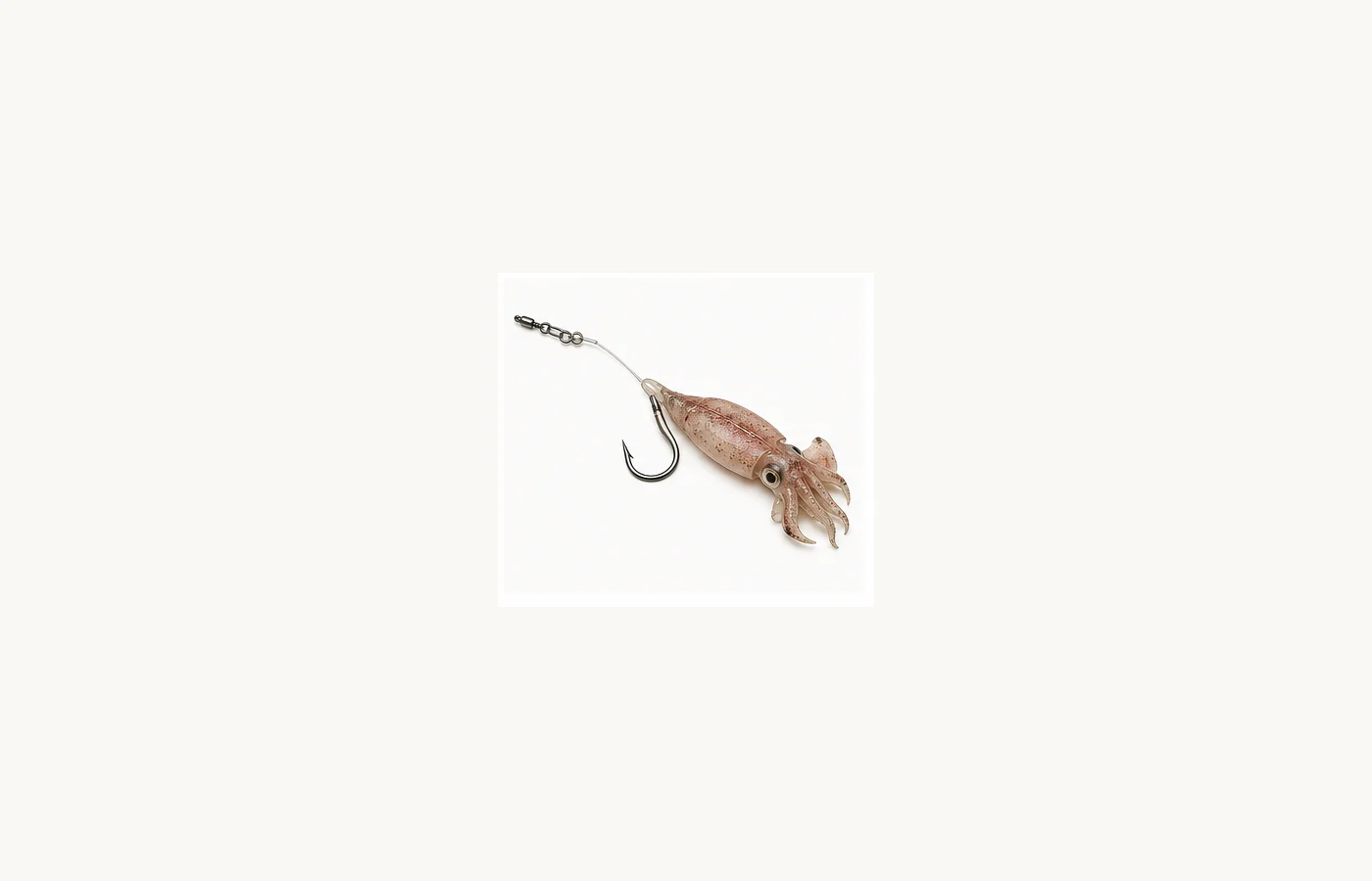 Rigged squid bait on a leader with a circle hook for deep-drop fishing.