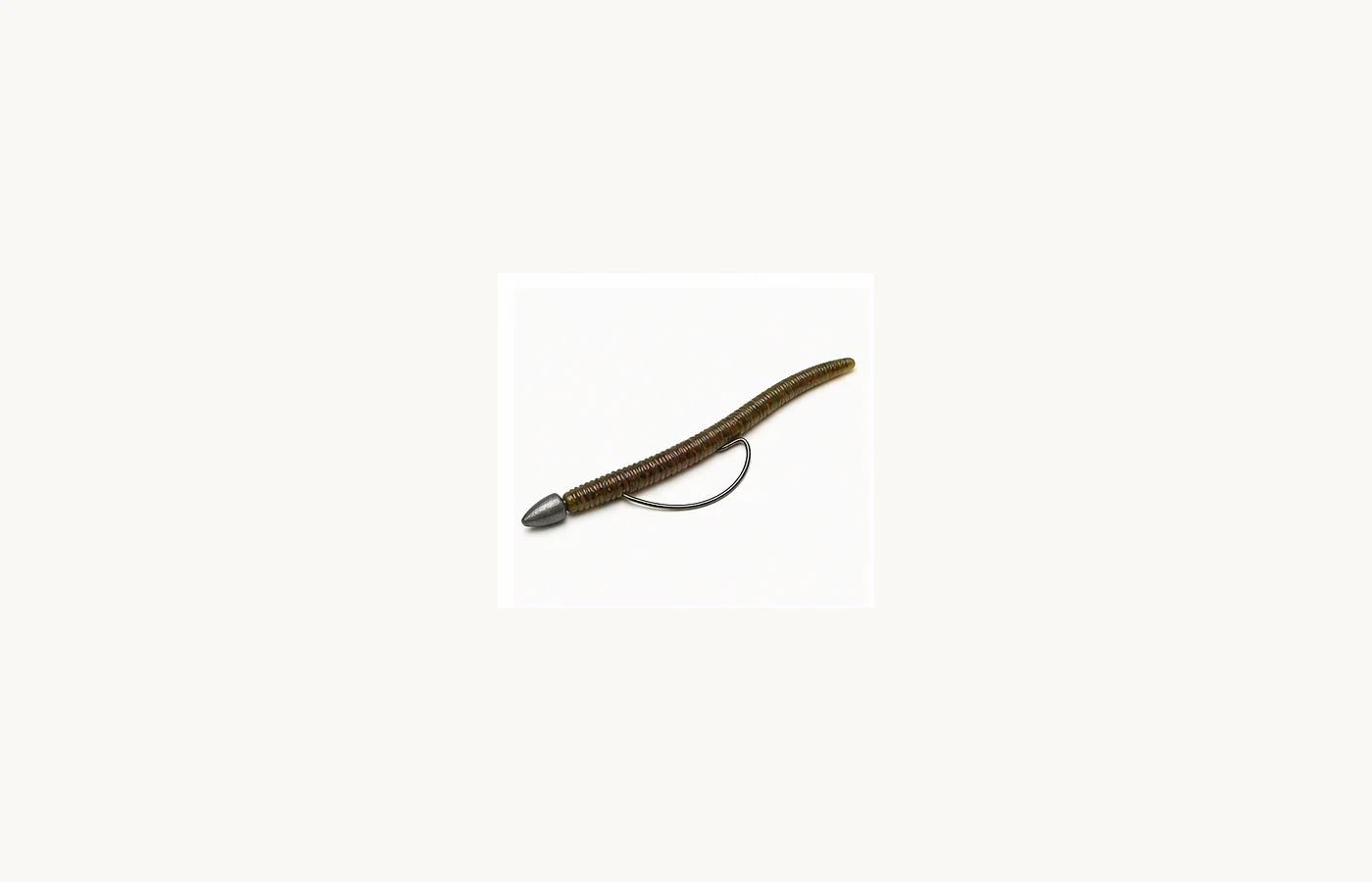Texas-rigged soft plastic worm with a bullet weight and offset hook.