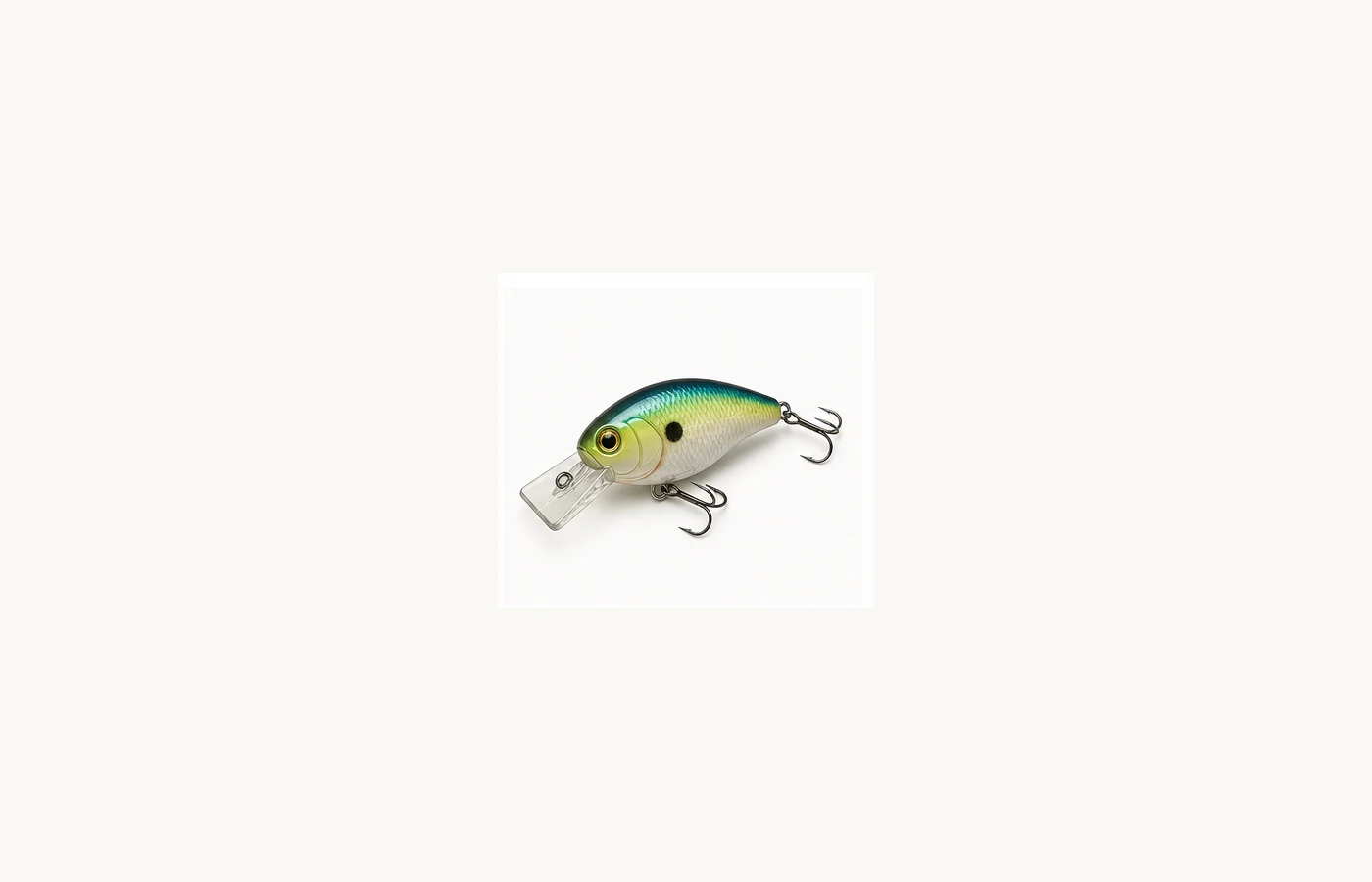 Shallow crankbait with a rounded body, square diving lip, and two treble hooks.